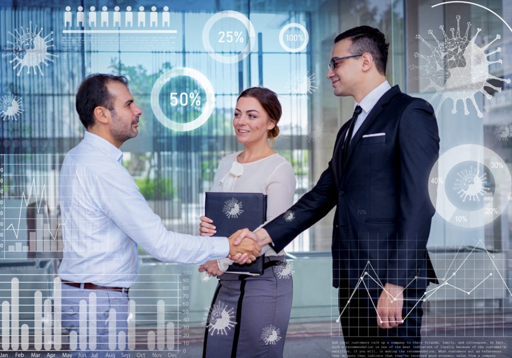 Positive business partners shaking hands with virtual coronavirus charts around. Smiling businessman giving firm handshake to his coworker. Infection risk concept
