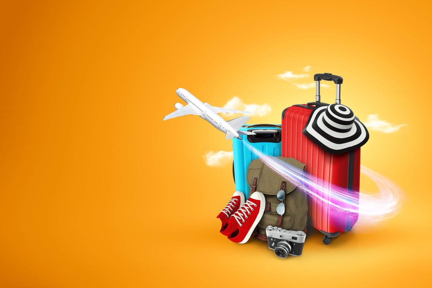 Creative background, red suitcase, sneakers, plane on a yellow background.