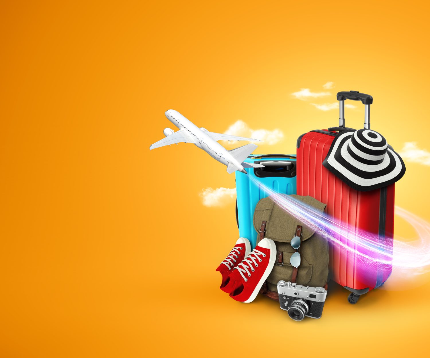 Creative background, red suitcase, sneakers, plane on a yellow background.